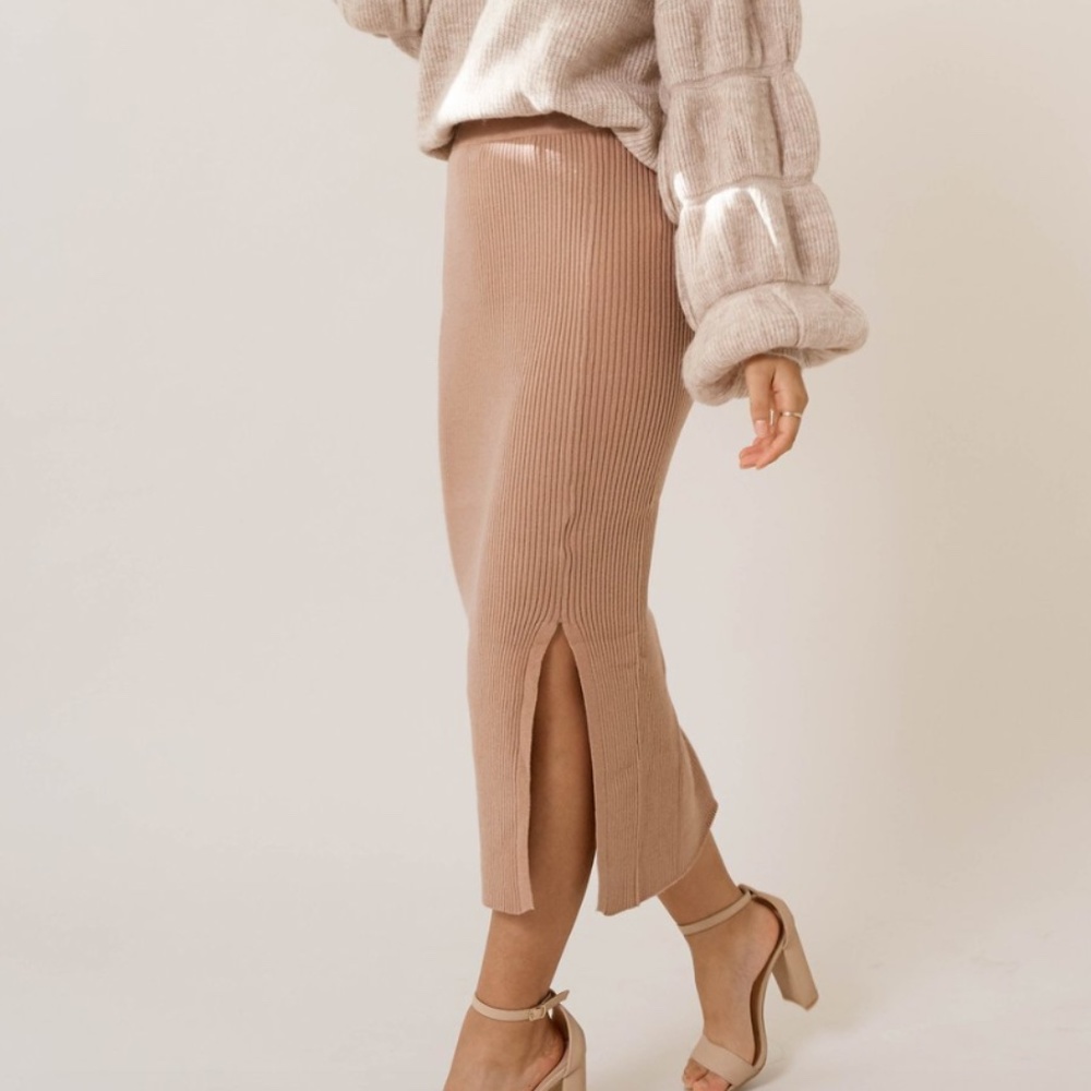 tan brown knit midi slit skirt